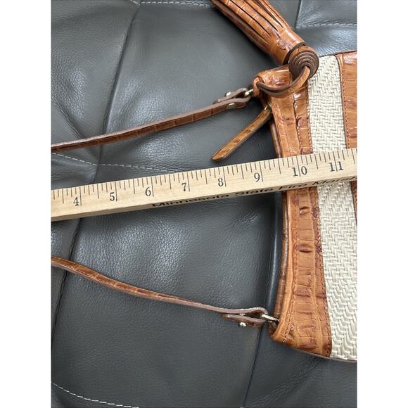 Brahmin Tote Bag Womens Brown Croc Embossed Leather Woven Straw Shoulder Tassel - Picture 10 of 10